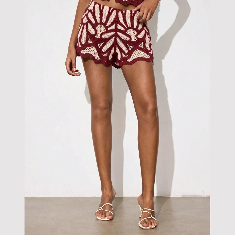 Burgundy Crochet Knit Mini Shorts with Scalloped Hem - Picture 4 of 7